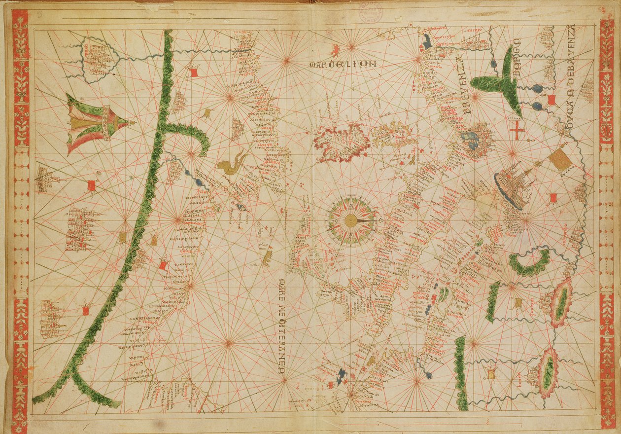 The Central Mediterranean, from a nautical atlas, 1520 (ink on vellum) (see also 330916-330918) by Giovanni Xenodocus da Corfu