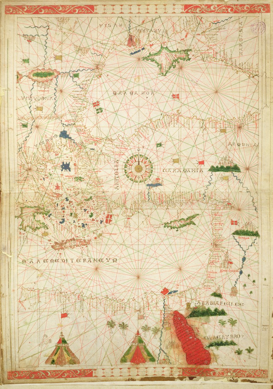 Doğu Akdeniz, bir deniz atlasından, 1520 (parşömen üzerine mürekkep) (ayrıca bkz. 330914) by Giovanni Xenodocus da Corfu