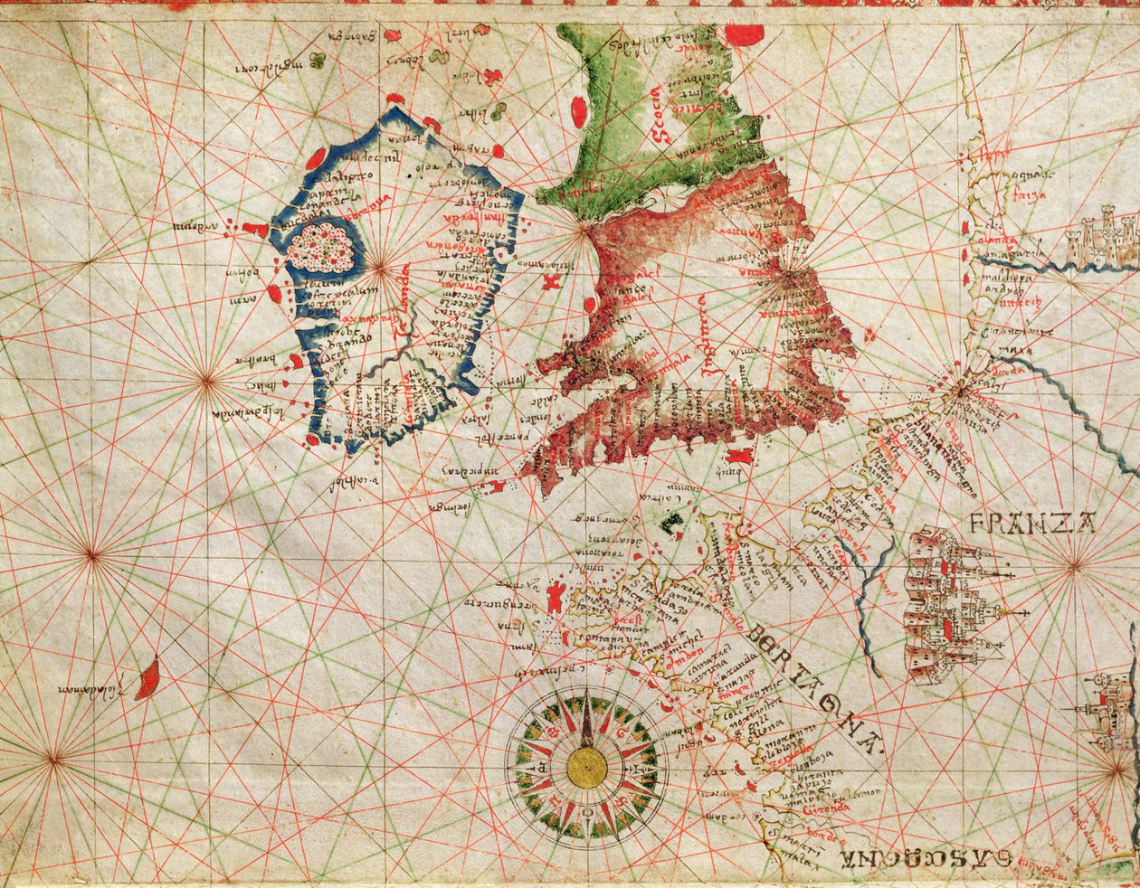 Fransız Sahili, İngiltere, İskoçya ve İrlanda, bir deniz atlasından, 1520 (parşömen üzerine mürekkep) (330910