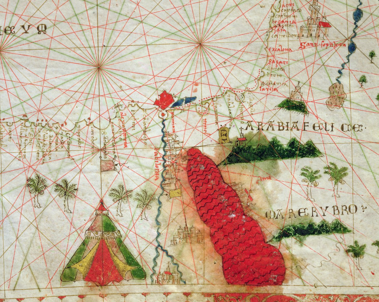 The Red Sea, from a nautical atlas, 1520 (ink on vellum) (detail from 330913) by Giovanni Xenodocus da Corfu