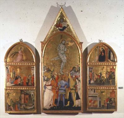 Aziz Sebastian Şehitliği Altarpiece, şehitliği gösteren orta panel ve azizin hayatından diğer sahneleri gösteren yan paneller (panelde tempera) by Giovanni di Niccolo del Biondo