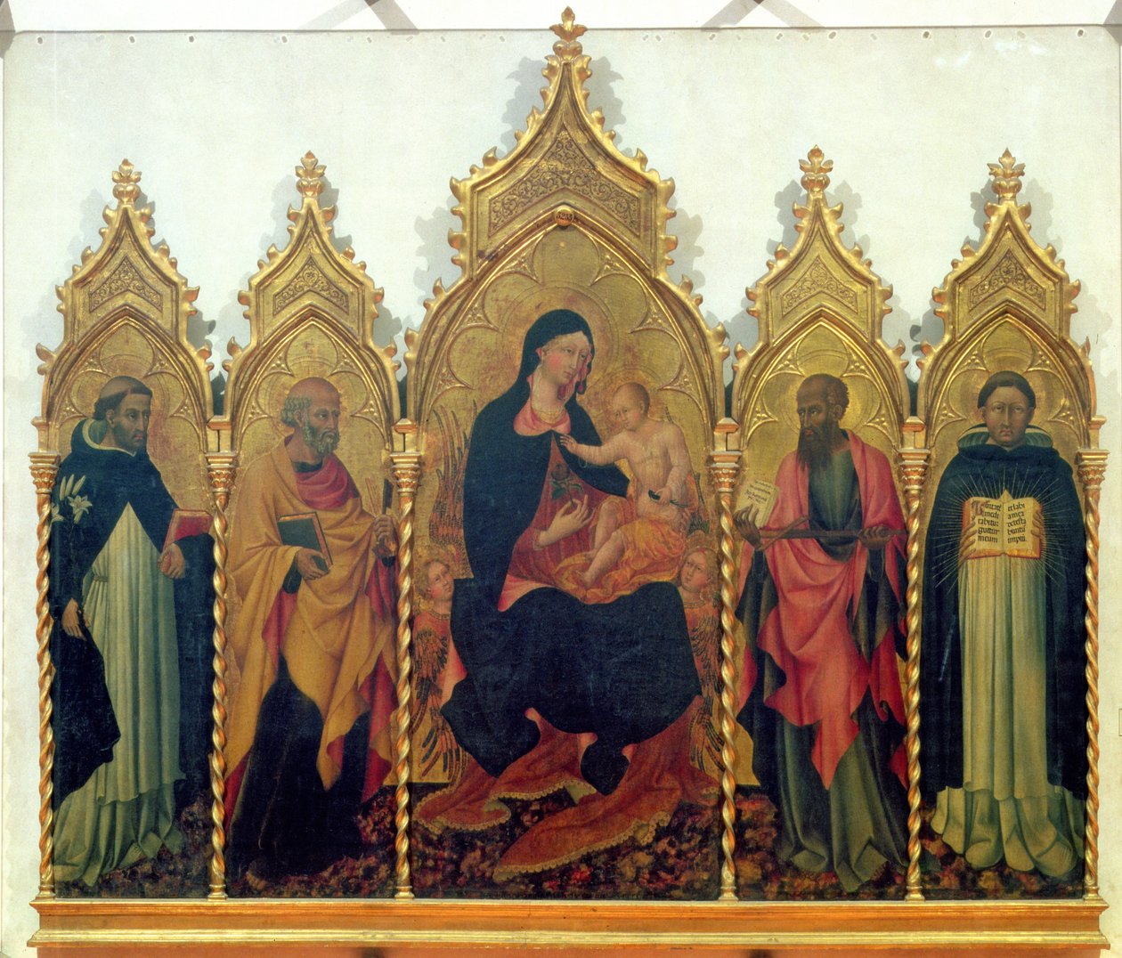 SS'li Madonna ve Çocuk. Dominic, Peter, Paul ve Thomas Aquinas, mihrap, 1445 (panelde tempera) by Giovanni di Paolo