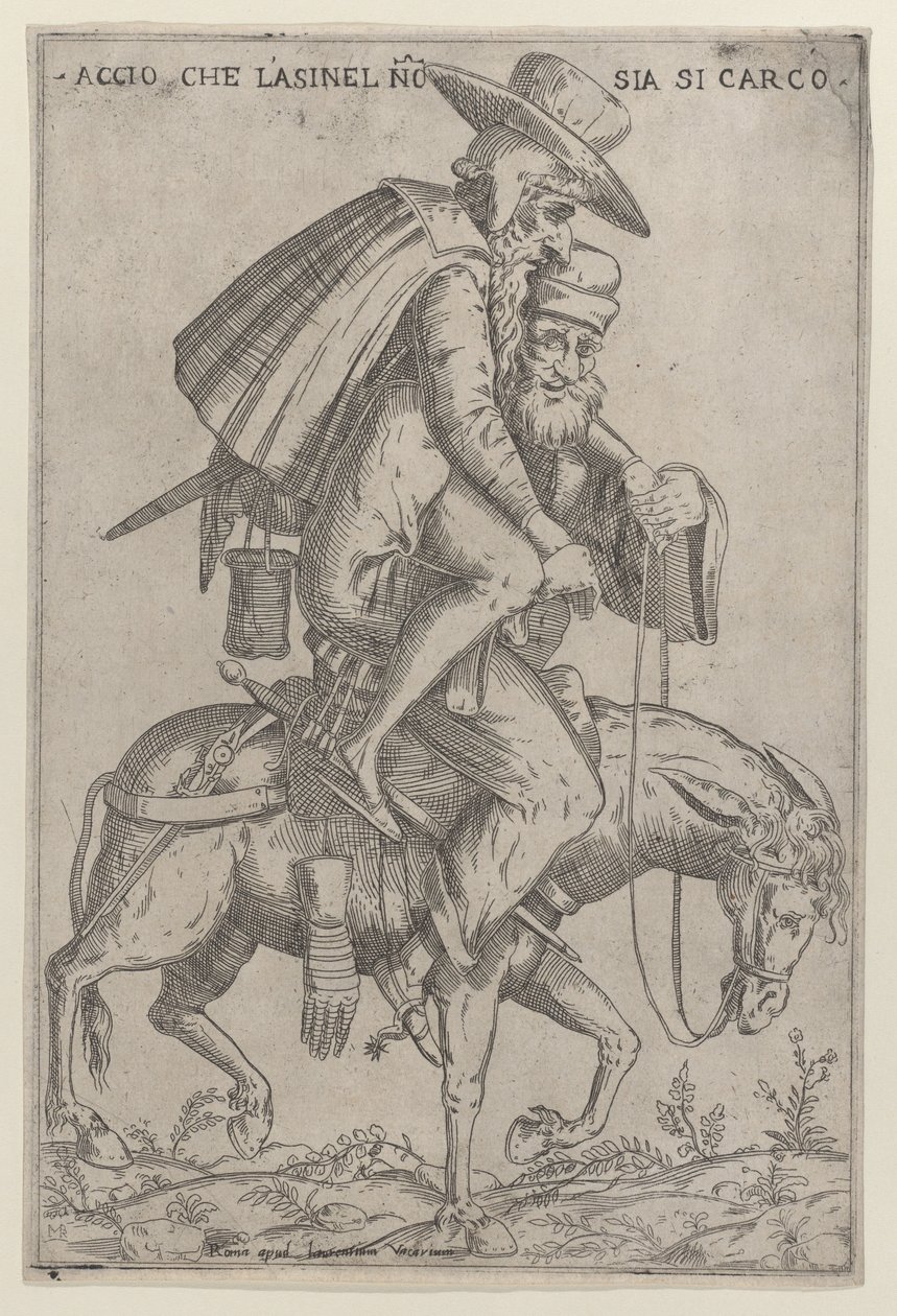 Bir katır üzerinde iki adam ile karikatür, 1575-99. by Giovanni Ambrogio Brambilla
