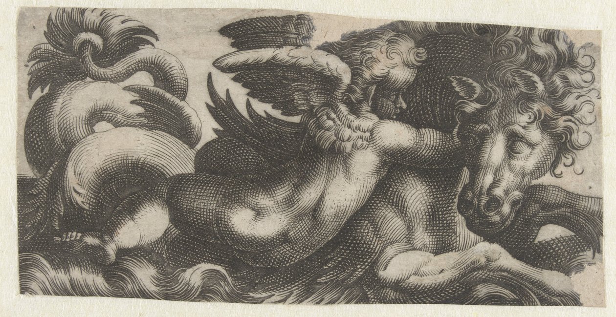 Boynunda bir putto olan denizatı Deniz canavarları olan Frizler (dizi başlığı) by Giovanni Andrea Maglioli