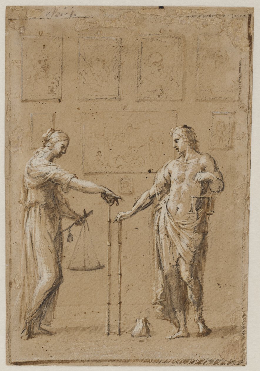 Tablolarla dolu bir duvarın önünde, her biri pullu ve cetvelli, antika kostümlü bir erkek ve bir kadın. Adamın önünde yerde bir çanta by Giovanni Angelo Canini