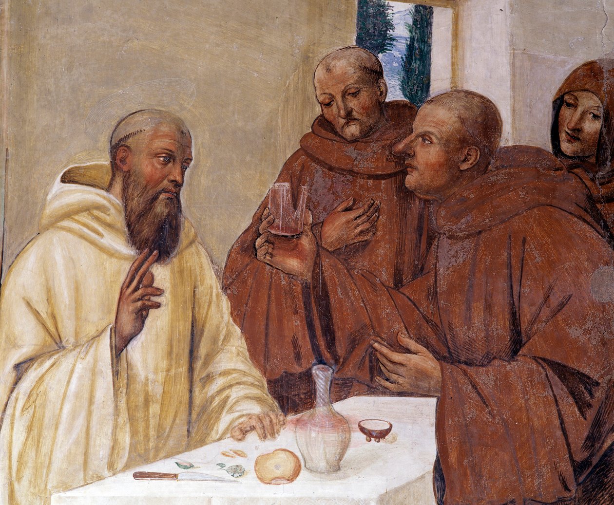 Benedict bir kadeh zehirli şarap kırar haç işareti yaparak Antonio Bazzi dit il Sodoma (1477 - 1549) tarafından yapılan kilisenin Detay freski Benedictine Tarikatı