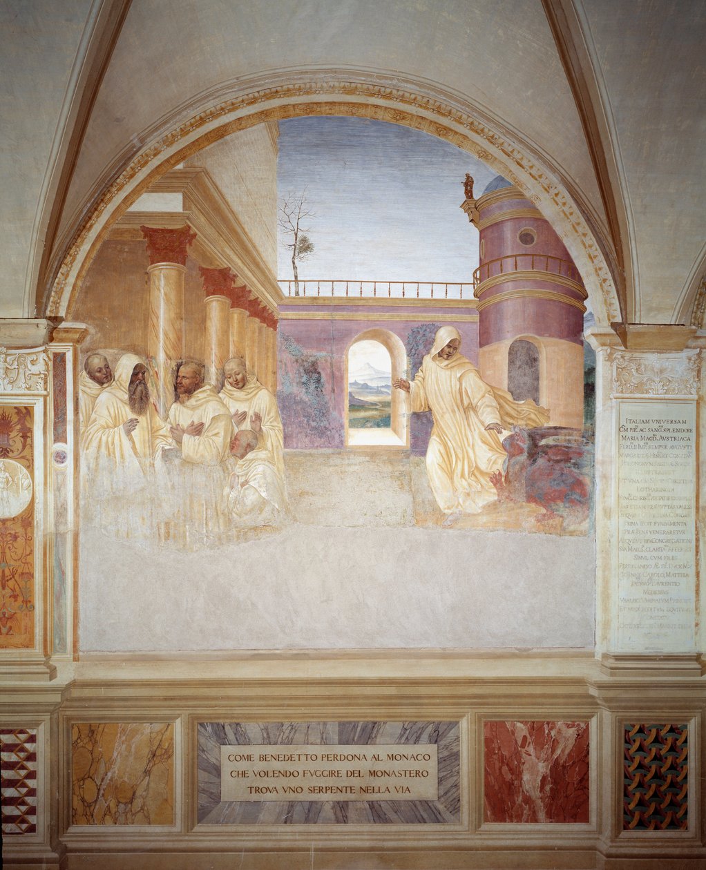 Benedict, manastırdan kaçmaya çalışırken yolda yılan bulan rahibi affeder (Benedict, manastırdan kaçmaya çalışırken yolda yılan bulan rahibi affeder) Manastırın freski Antonio Bazzi dit il Sodoma ( 1477 - 1549) kayıt by Giovanni Antonio Bazzi Sodoma