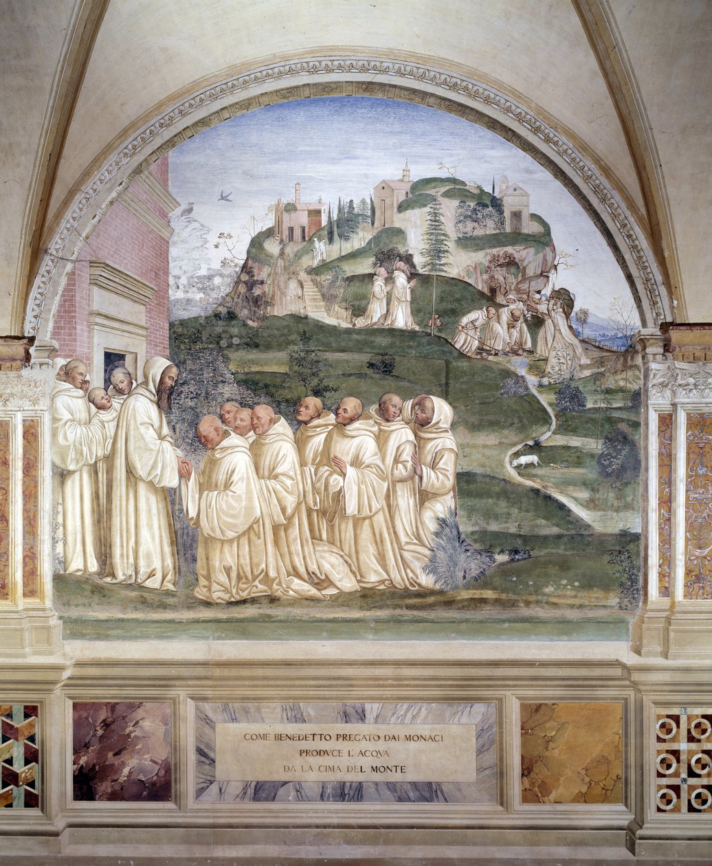 Benedict, dağın tepesinde bir kaynağı ateşledi Antonio Bazzi dit il Sodoma (1477 - 1549) tarafından yapılan manastırın freski, Benedictine Tarikatı