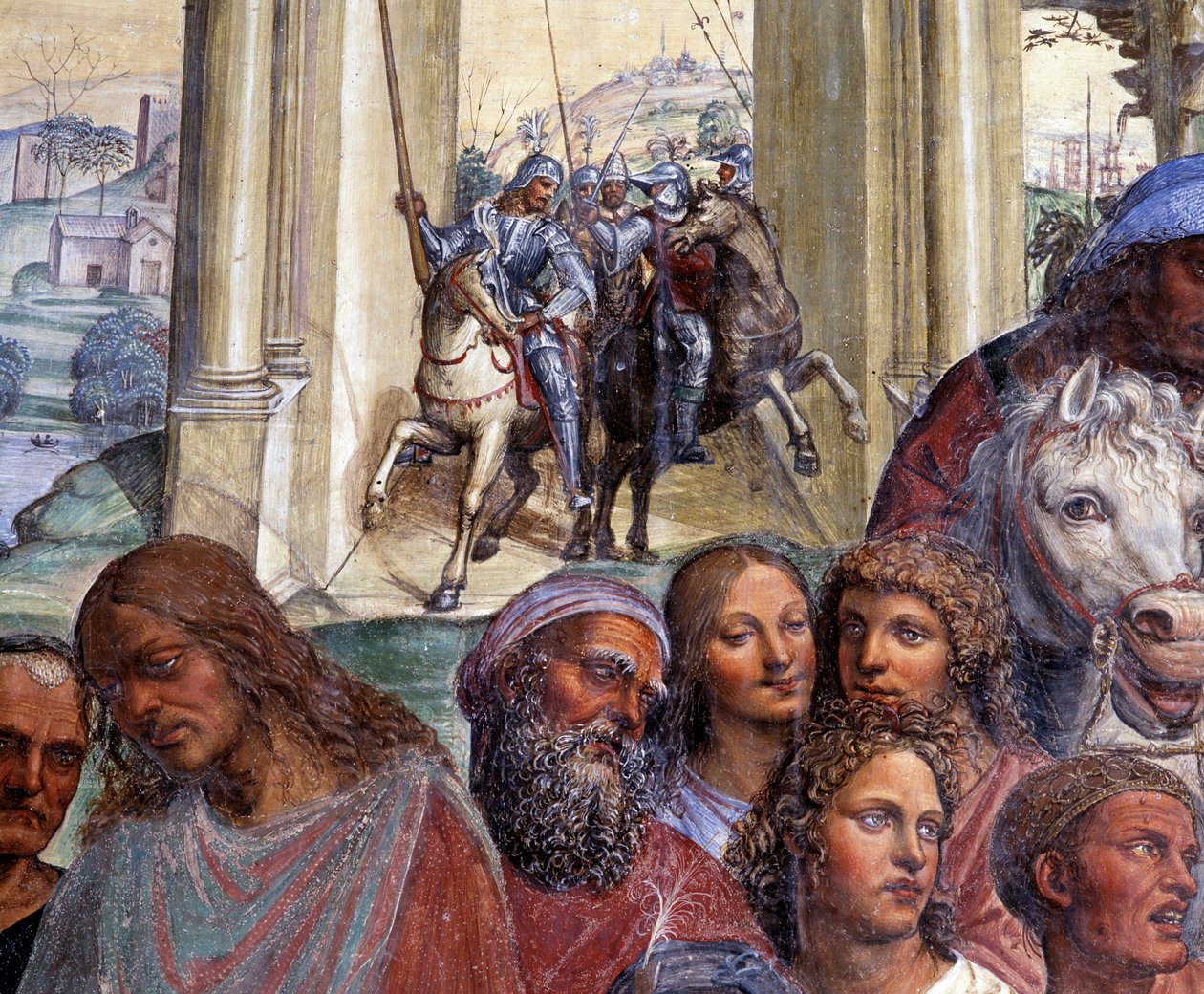 Benedict genç Romalılar Maur ve Placid ile nasıl tanışır (St Benedict genç romanlar Maurus ve Placid ile tanışır) Roma'dan ayrılan genç erkeklerin refakatçisinin detayı - Antonio Bazzi dit il Sodoma (1477 - 1549) tarafından yapılan cloitre'nin fres by Giovanni Antonio Bazzi Sodoma