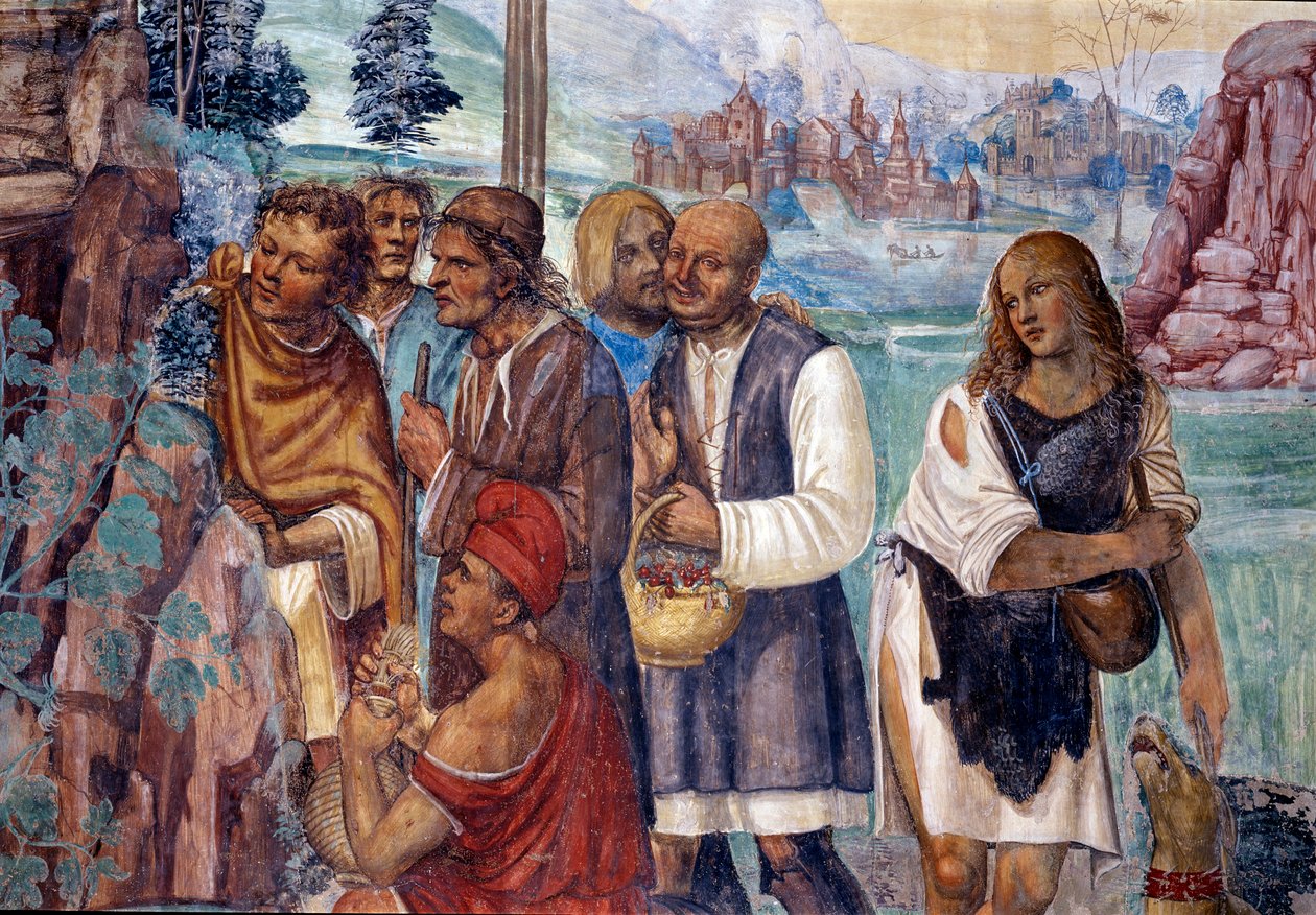 Benedict, kendisini ziyaret eden köylülere kutsal doktrini nasıl öğretir, Antonio Bazzi dit il Sodoma (1477 - 1549) tarafından gerçekleştirilen manastırın detay freski, Benedictine Tarikatı 1503