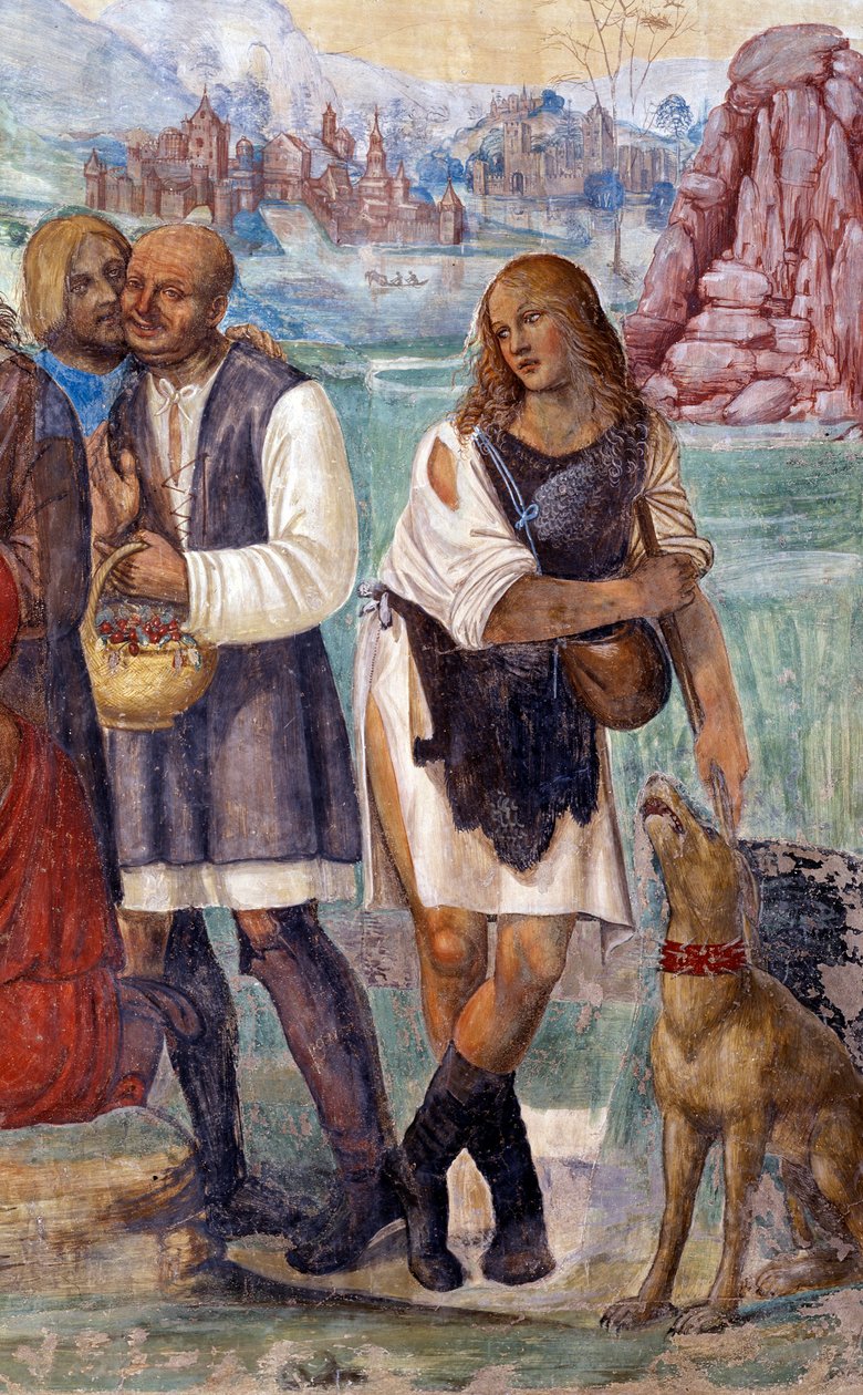 Benedict, kendisini ziyaret eden köylülere kutsal doktrini nasıl öğretir, Antonio Bazzi dit il Sodoma (1477 - 1549) tarafından gerçekleştirilen manastırın detay freski, Benedictine Tarikatı 1503