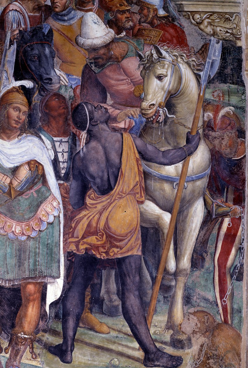 Benoit iki genç Romalı Maur ve Placide ile nasıl tanışır (st Benedict genç romanlar Maurus ve Placid ile tanışır) Genç erkeklerin eskortunun detayı - Antonio Bazzi dit il Sodoma (1477 - 1549) tarafından Aziz