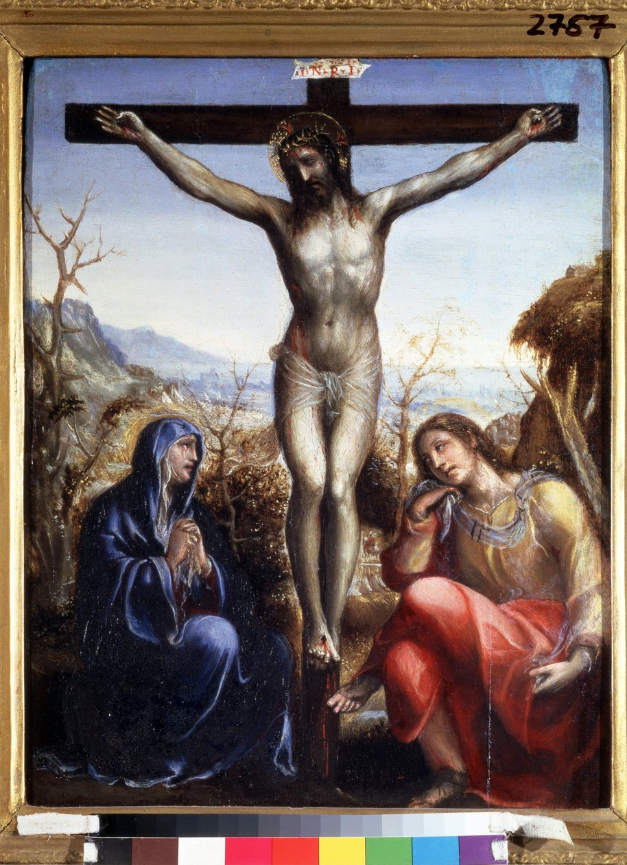 La crucifixion avec la Vierge et Jean Baptiste (Bakire ve Vaftizci Yahya ile çarmıha gerilme). Haç üzerinde ""I.N.R.I."" (INRI) yazısı. Sodoma (veya Giovanni Antonio Bazzi) tarafından boyama by Giovanni Antonio Bazzi Sodoma