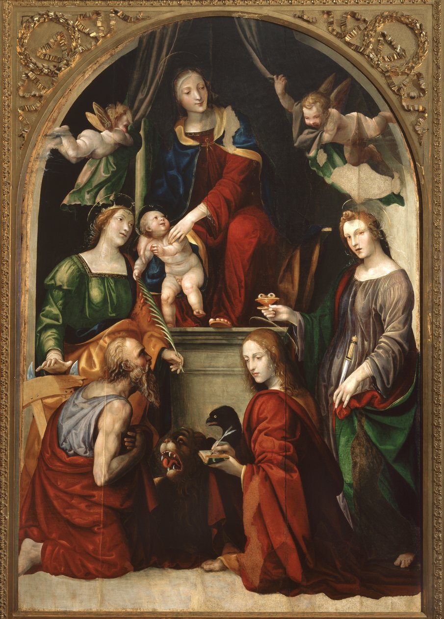 Azizler Jerome arasında Madonna ve Çocuk ve Melekler, İskenderiyeli Catherine, Lucy ve Evangelist John, c.1513 by Giovanni Antonio Bazzi Sodoma