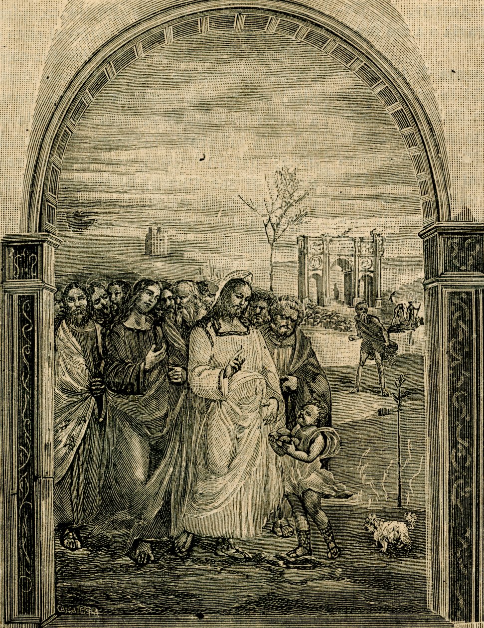 Somun ve balık çoğaltma, Sodoma (1477-1549) tarafından yapılan fresk, Camprena, Pienza, Toskana, İtalya'daki Sant'Anna yemekhanesi, Le cento citta d'Italia'dan (Yüz İtalyan kasabası), resimli aylık İl Secolo Eki by Giovanni Antonio Bazzi Sodoma