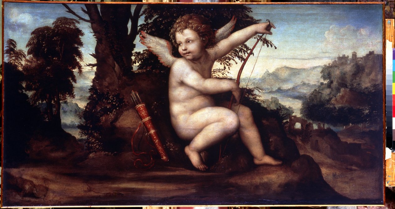 Cupid ile Manzara (Peyzaj Cupid ile) - Resim Giovanni Antonio Bazzi, Le Sodoma (1477-1549) olarak bilinir - Tuval üzerine yağlıboya, 68 x 129 cm, yaklaşık 1510 - Siena Okulu, İtalyan Rönesansı - Ermitaj Müzesi, Sankt Petersburg by Giovanni Antonio Bazzi Sodoma