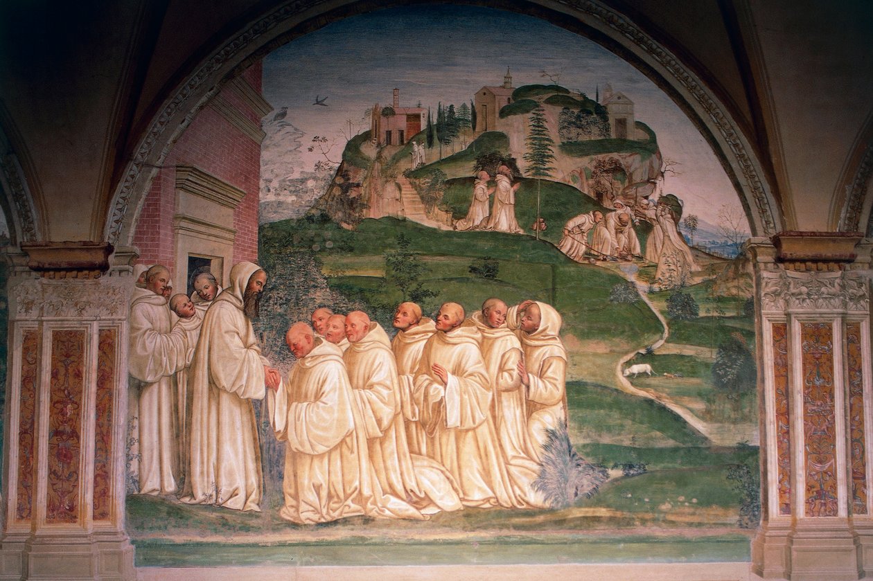 Aziz Benedict keşişler tarafından yalvardı, dağın tepesinden su üretiyor, Monte Oliveto Maggiore Aziz Benedict Öykülerinden sahne by Giovanni Antonio Bazzi Sodoma