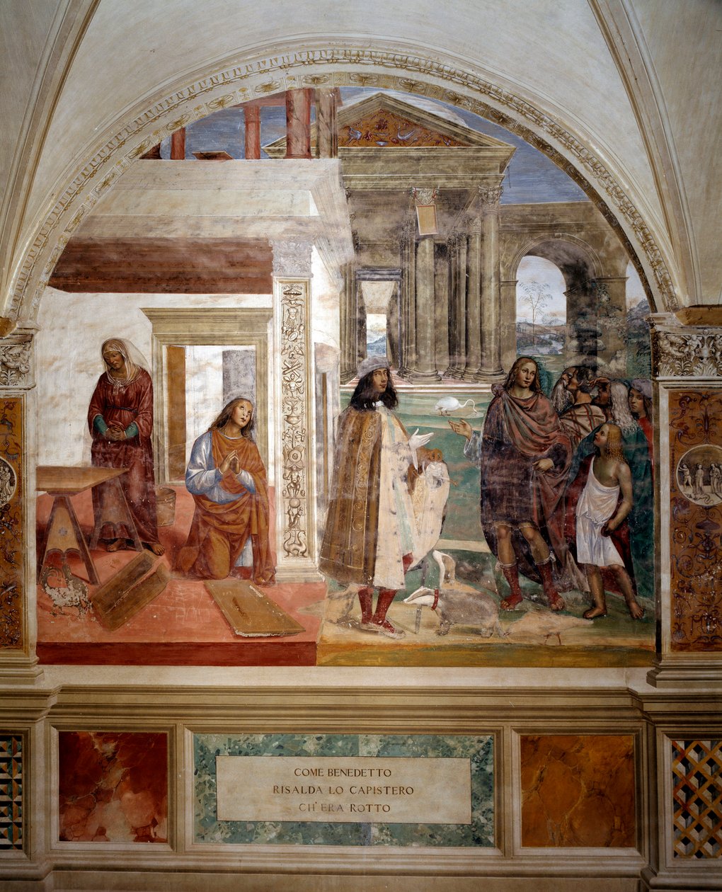 Aziz Benedict kırık bir elek tamir ediyor Resmin ortasında, sanatçının kendi portresi - Antonio Bazzi dit il Sodoma (1477 - 1549) tarafından gerçekleştirilen klozetin freski, Nursie