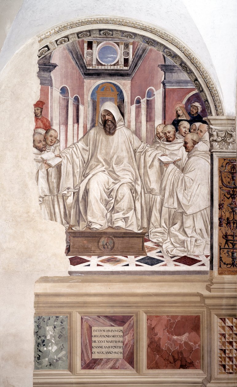 Aziz Benedict kuralı keşişlere verir (Benedict kuralı keşişlere verir) manastırın Antonio Bazzi dit il Sodoma (1477 - 1549) tarafından tarikatın kurucusu Aziz Benedict of Nursie'nin (480 - 567) hayatını anlatan freski Benedikten 1503 by Giovanni Antonio Bazzi Sodoma