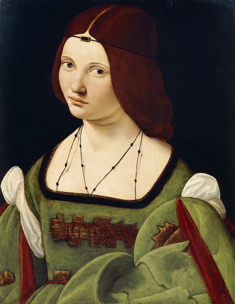 Clarice Pusterla olduğu söylenen, yarım uzunlukta, Yeşil Elbiseli Bir Hanımefendinin Portresi, by Giovanni Antonio Boltraffio
