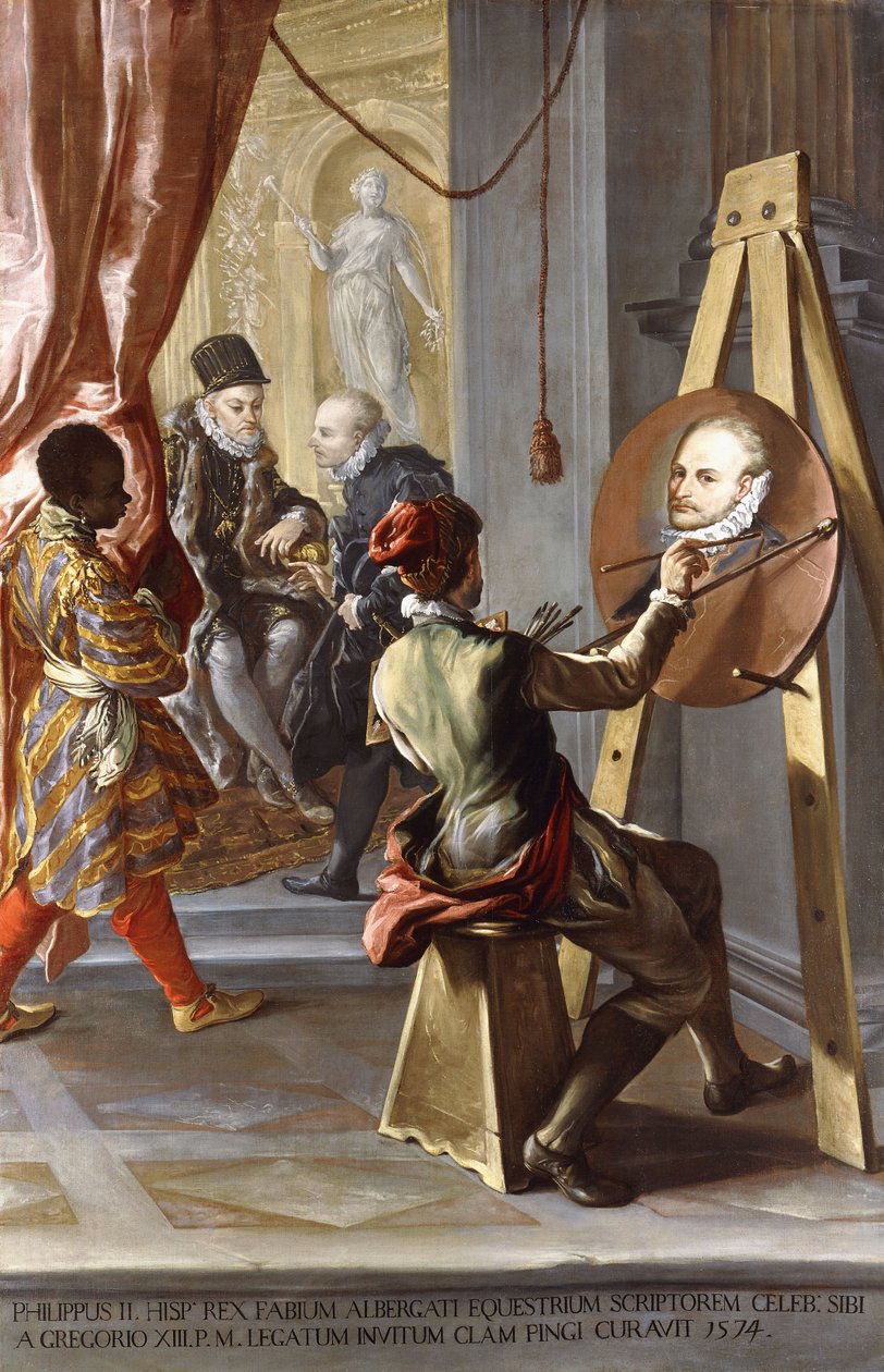 Fabio Albergati, İspanya Kralı II. Philip tarafından kabul edilirken, bir Sanatçı Portresini Kralın Talimatları Üzerine Gizlice Yürütüyor by Giovanni Antonio Burrini or Burino