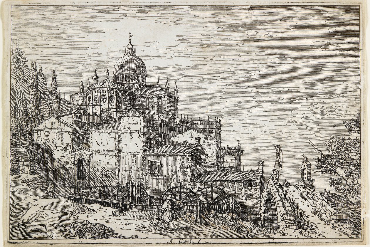 Kilise, Evler ve Değirmenli Manzara by Giovanni Antonio Canal