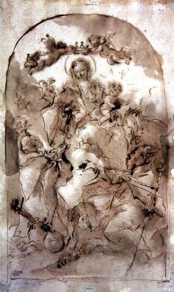 Aziz Dominic, Aziz Theresa ve Aziz Coribian ile Bakire ve Çocuk, c.1745 (kırmızı tebeşir üzerine kahverengi yıkama) by Giovanni Antonio Guardi