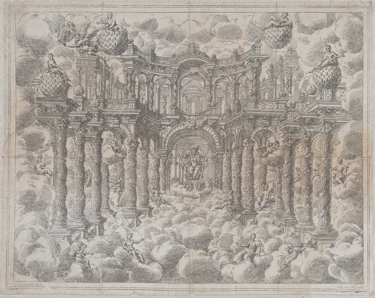 Plaka 2 [karşı dayanıklı]: Bulutların arasında oturan alegorik figürlerle sahne seti, bir..., 1690. by Giovanni Antonio Lorenzini