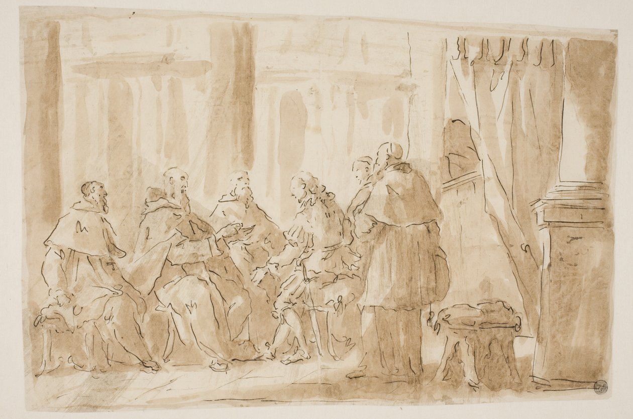 Bir meslekten olmayanla konuşan beş din adamından oluşan bir grup by Giovanni Antonio Pellegrini