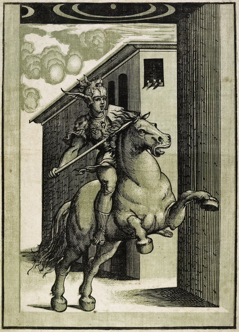 Marcus Curtius, c.1540 (3 bloktan ışık gölgeli gravür) by Giovanni Antonio Pordenone