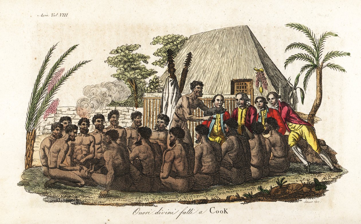 Hawaii yerlileri, 12 rahibin önünde Kaptan James Cook'a kurbanlık bir domuz ve kutsal Orono evinde tahta bir idol sunar. Giulio Ferrario'nun Tüm Halkların Eski ve Modern Kostümlerinden John Webber'den sonra Sasso tarafından oyulmuş elle boyanmı by Giovanni Antonio Sasso