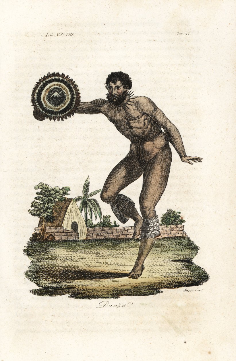 Hawaii'den (Sandviç Adaları) çıplak dövmeli adam Kaptan James Cook için dans ediyor by Giovanni Antonio Sasso