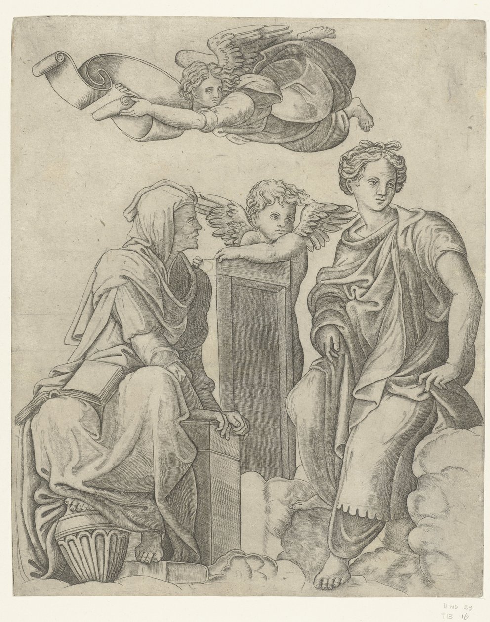 Twee sibyllen en engel en putto Dialectic in Logic by Giovanni Antonio da Brescia (attributed to)