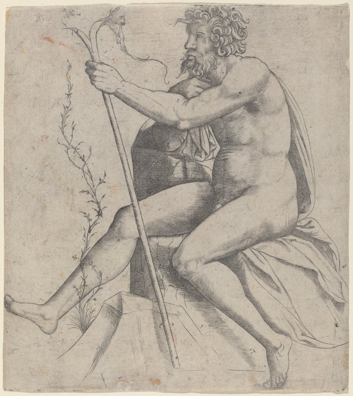 Çatallı bir değnek tutan oturan adam by Giovanni Antonio da Brescia