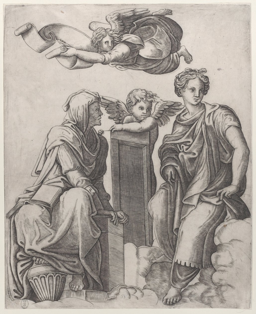 Bir meleği çevreleyen bulutlarda oturan iki kadın figürü ve yukarıda uçan bir diğeri ..., yaklaşık. 1510-25. by Giovanni Antonio da Brescia