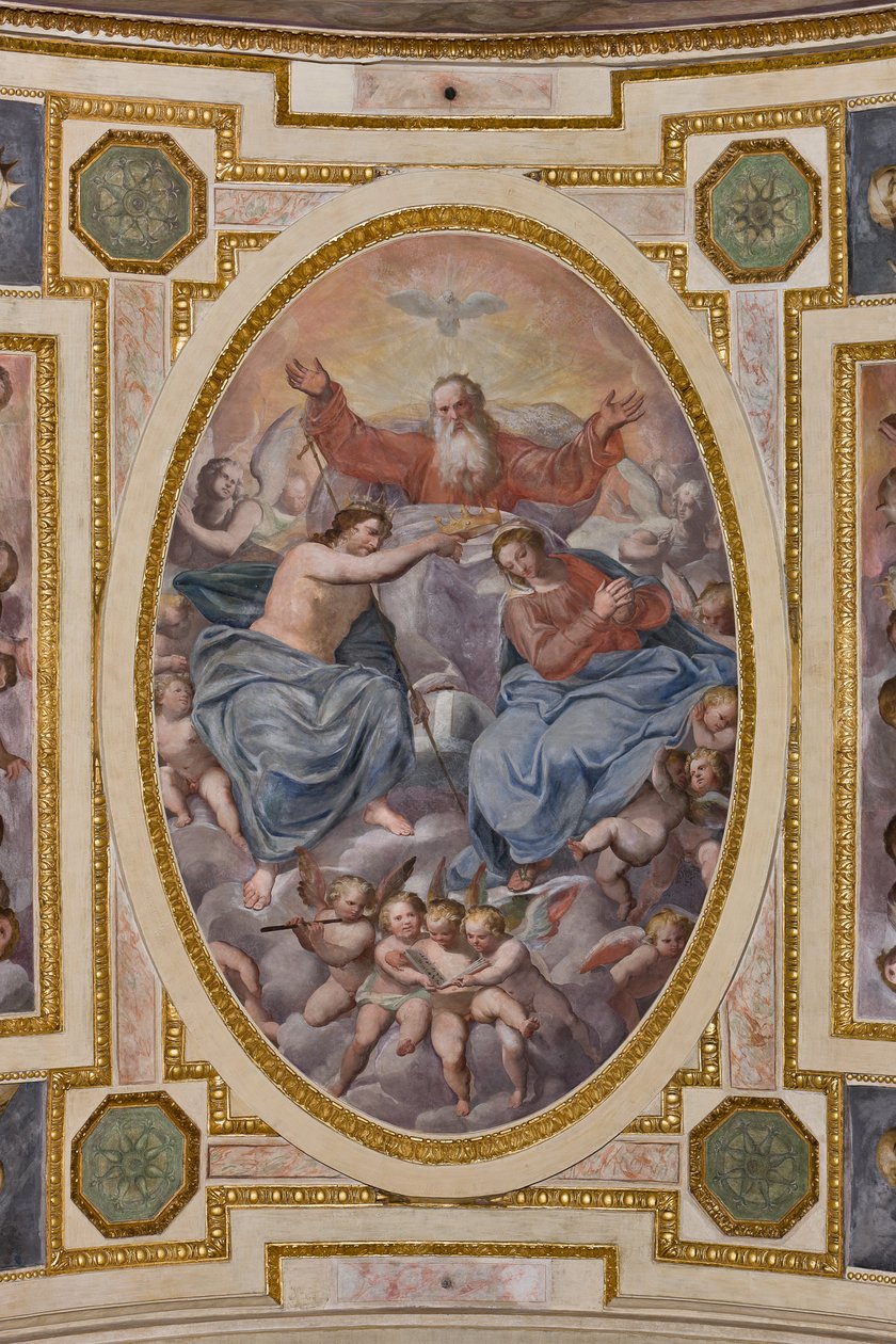 Cenova, Duomo (Aziz Lawrence Katedrali), iç mekan, Lercari Şapeli veya Kutsal Ayin Şapeli (Kuzey apsis), tonoz: "Bakirenin Taç Giymesi", Bergamasco olarak bilinen Giovanni Battista Castello tarafından yapılan fresk by Giovanni Battista Castello