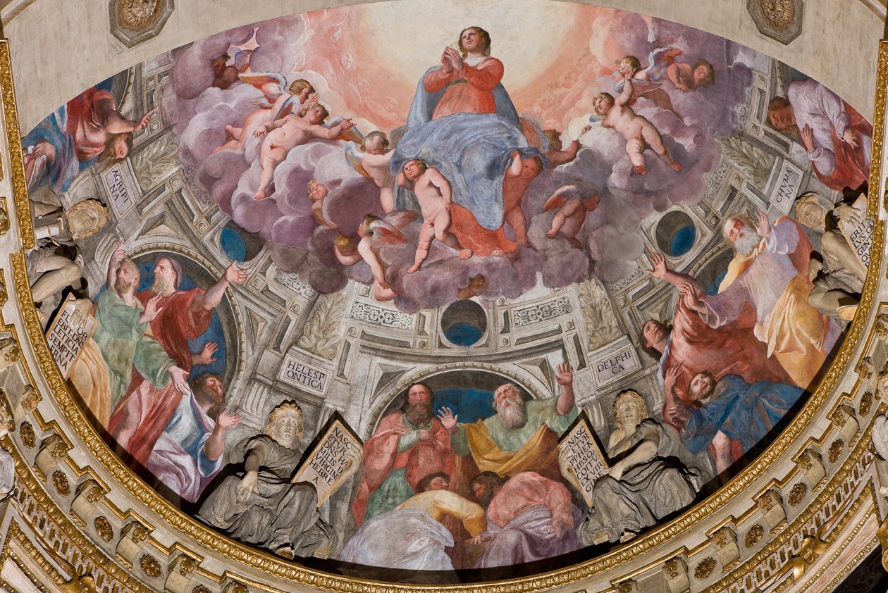 Cenova, Duomo (Aziz Lawrence Katedrali), iç mekan, Lercari Şapeli veya Kutsal Ayin Şapeli (Kuzey apsis), apsis: "Bakirenin Göğe Kabulü", Bergamasco olarak bilinen Giovanni Battista Castello tarafından yapılan fresk by Giovanni Battista Castello