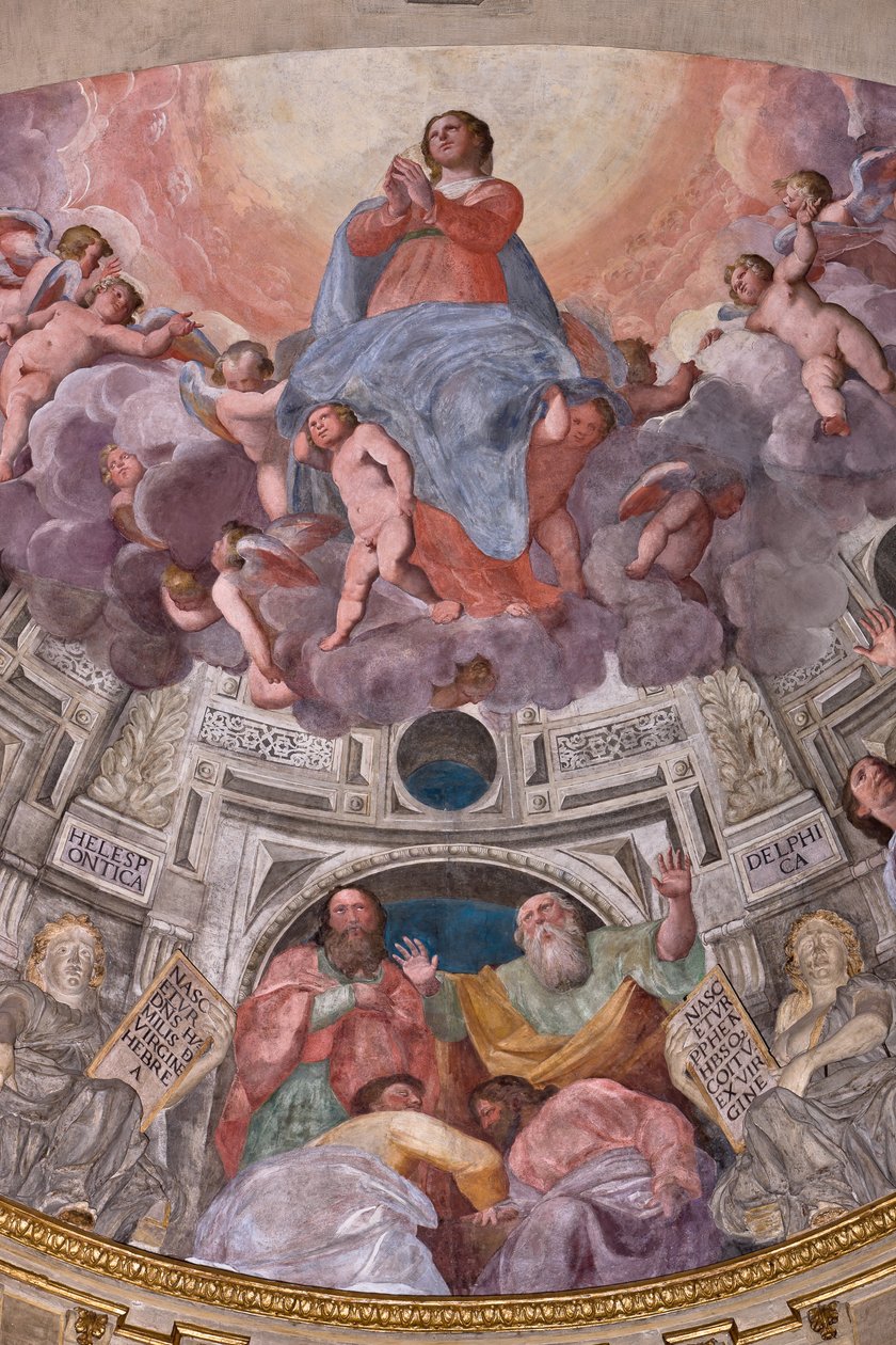 Cenova, Duomo (Aziz Lawrence Katedrali), içeride, Lercari Şapeli veya Kutsal Ayin Şapeli (Kuzey apsis), apsis: "Bakirenin Göğe Kabulü", Bergamasco olarak bilinen Giovanni Battista Castello tarafından yapılan fresk by Giovanni Battista Castello