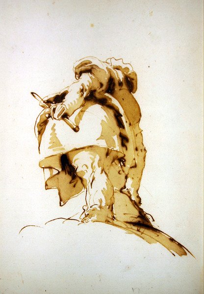Ayakta duran bir adam, elinde copla bir çuvala uzanıyor (kağıt üzerinde kahverengi astarlı kalem ve kahverengi mürekkep) by Giovanni Battista Tiepolo