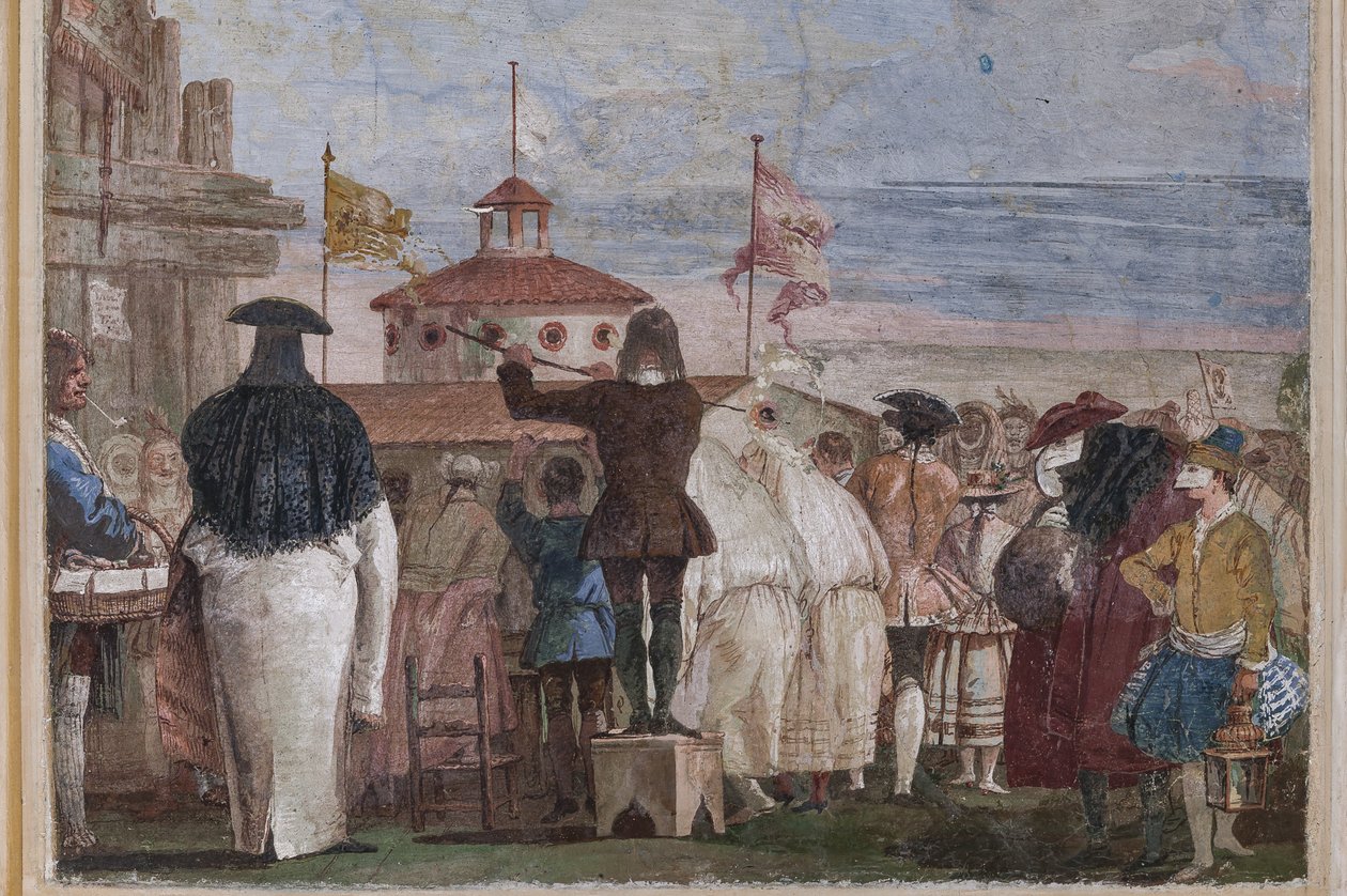 Misafir Lojmanları, Karnaval Sahneleri Odası: "Yeni Dünya", yağlı boya taklidi yapan maskeli bir sahne by Giovanni Battista Tiepolo