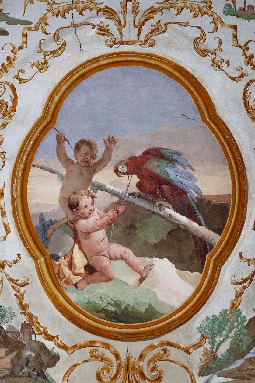 Misafirhaneler, Putti Odası, puttili madalyon: "İki putti ve bir papağan" by Giovanni Battista Tiepolo