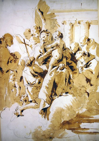 Melekler, Azizler ve Bebek Vaftizci Yahya ile Madonna ve Çocuk (kalem ve kahverengi mürekkep ve kağıt üzerinde yıkama) by Giovanni Battista Tiepolo