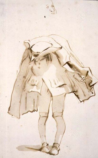 PD.129-1961 Başı eğik, muhtemelen kambur bir adamın karikatürü (kalem, mürekkep ve yıkama) by Giovanni Battista Tiepolo