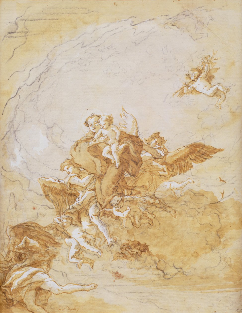 Melekler tarafından desteklenen Aziz Anthony ve Mesih Çocuk (kalem ve mürekkep) by Giovanni Battista Tiepolo