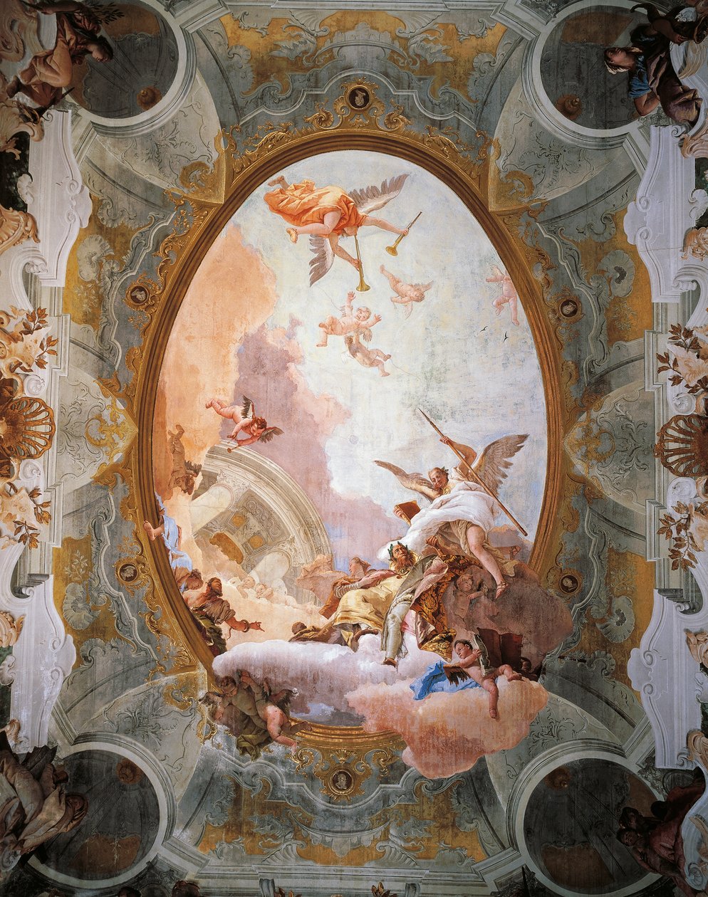Asalet ve Erdem Eşlik Eden Liyakat Alegorisi, Giambattista Tiepolo (1696-1770). Taht Odasının Tavanı, Ca 'Rezzonico Palazzo, Venedik, İtalya by Giovanni Battista Tiepolo