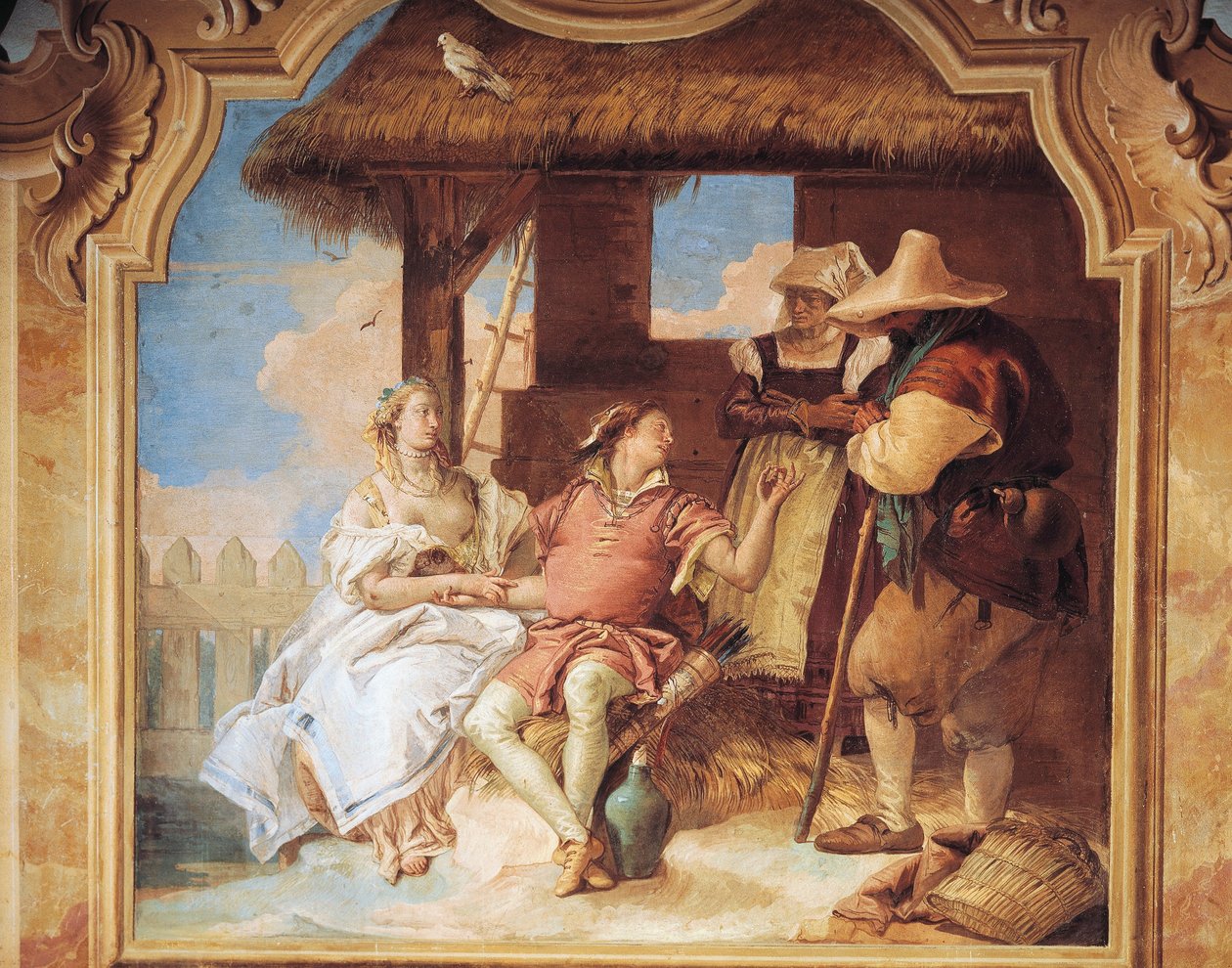 Angelica ve Medoro, Villa Valmarana'daki Orlando Çılgınlığı'nın Nani Odası'ndan Giambattista Tiepolo tarafından köylülere veda ediyor, fresk by Giovanni Battista Tiepolo