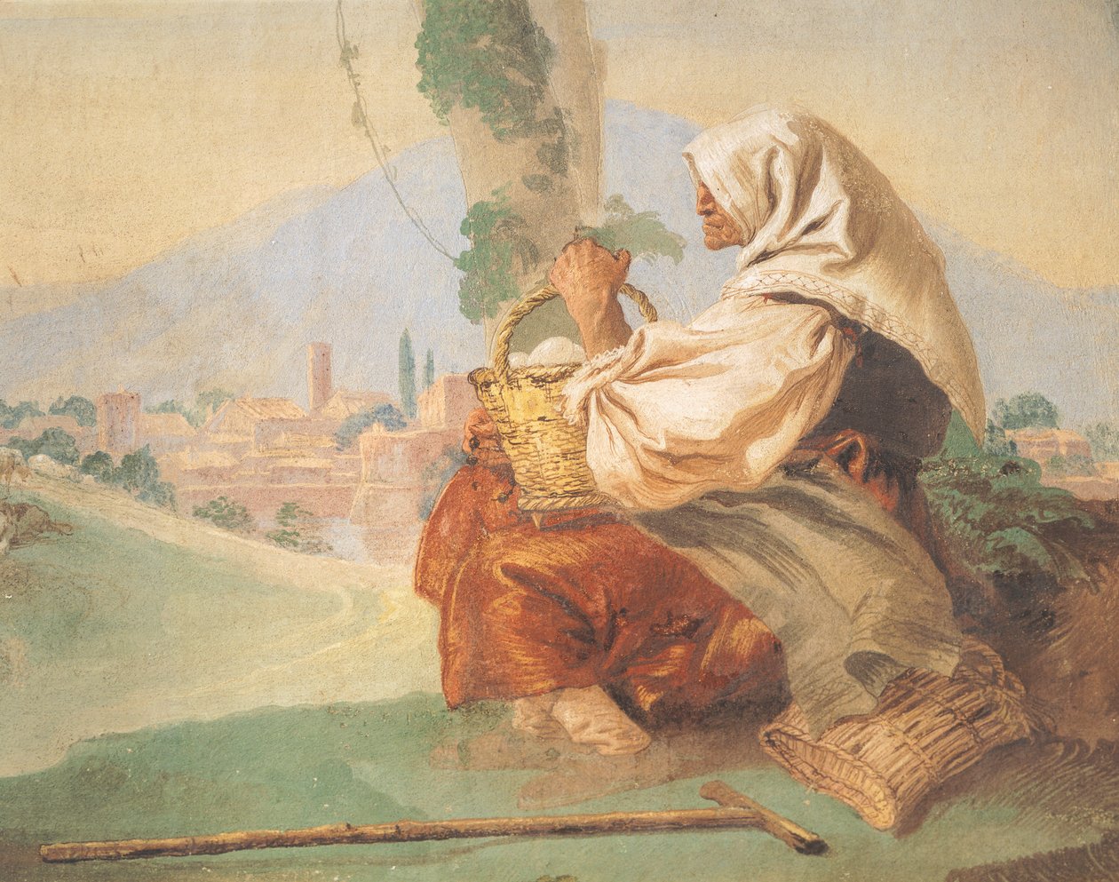 Peyzaj köylüye sahip yaşlı bir adam oturuyor, başını kanlı bir adam yüzünü saklıyor by Giovanni Battista Tiepolo