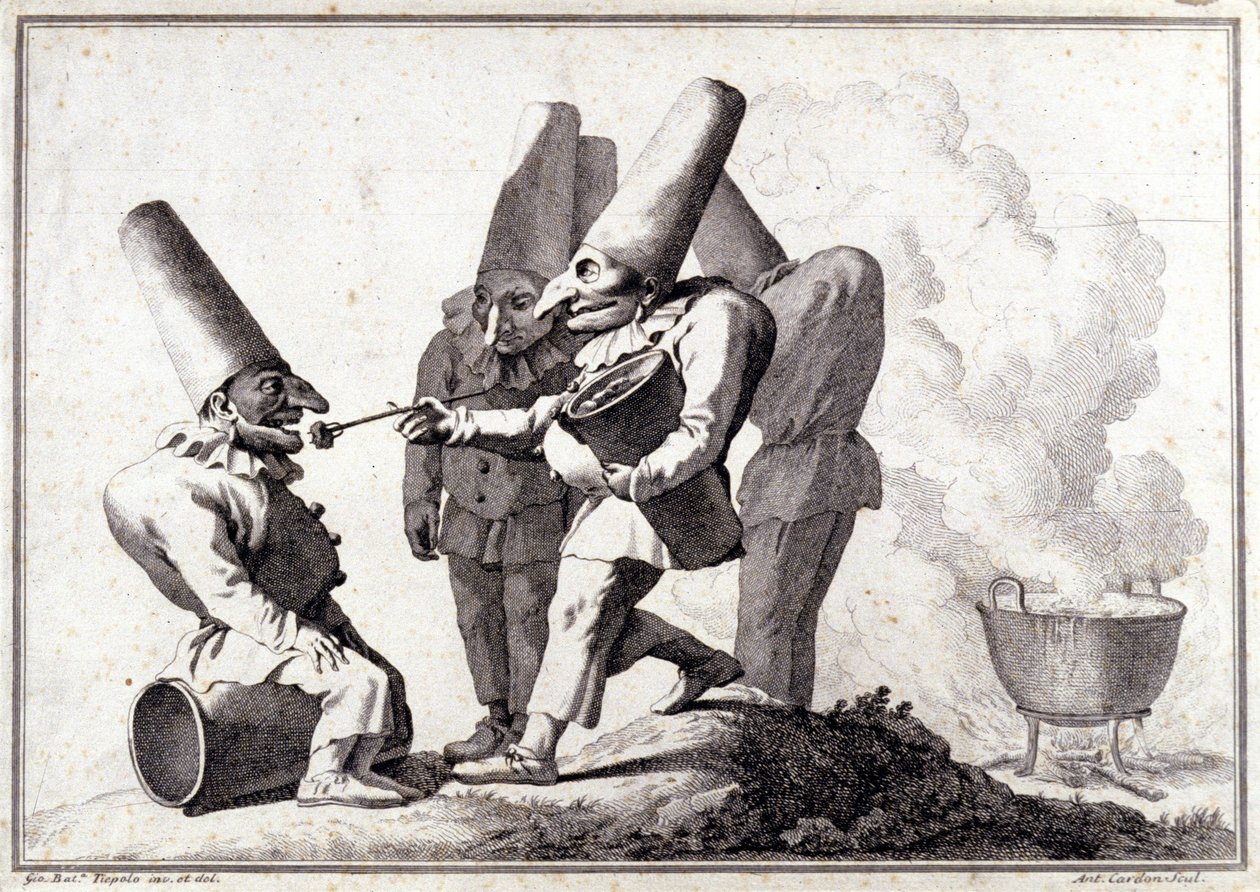 Pulcinella grubu (İtalyan Polichinelle). Giovanni Battista (Giambattista) Tiepolo (1696-1770) tarafından kalemle çizim ve kurşun kalem işaretiyle yıkama. by Giovanni Battista Tiepolo