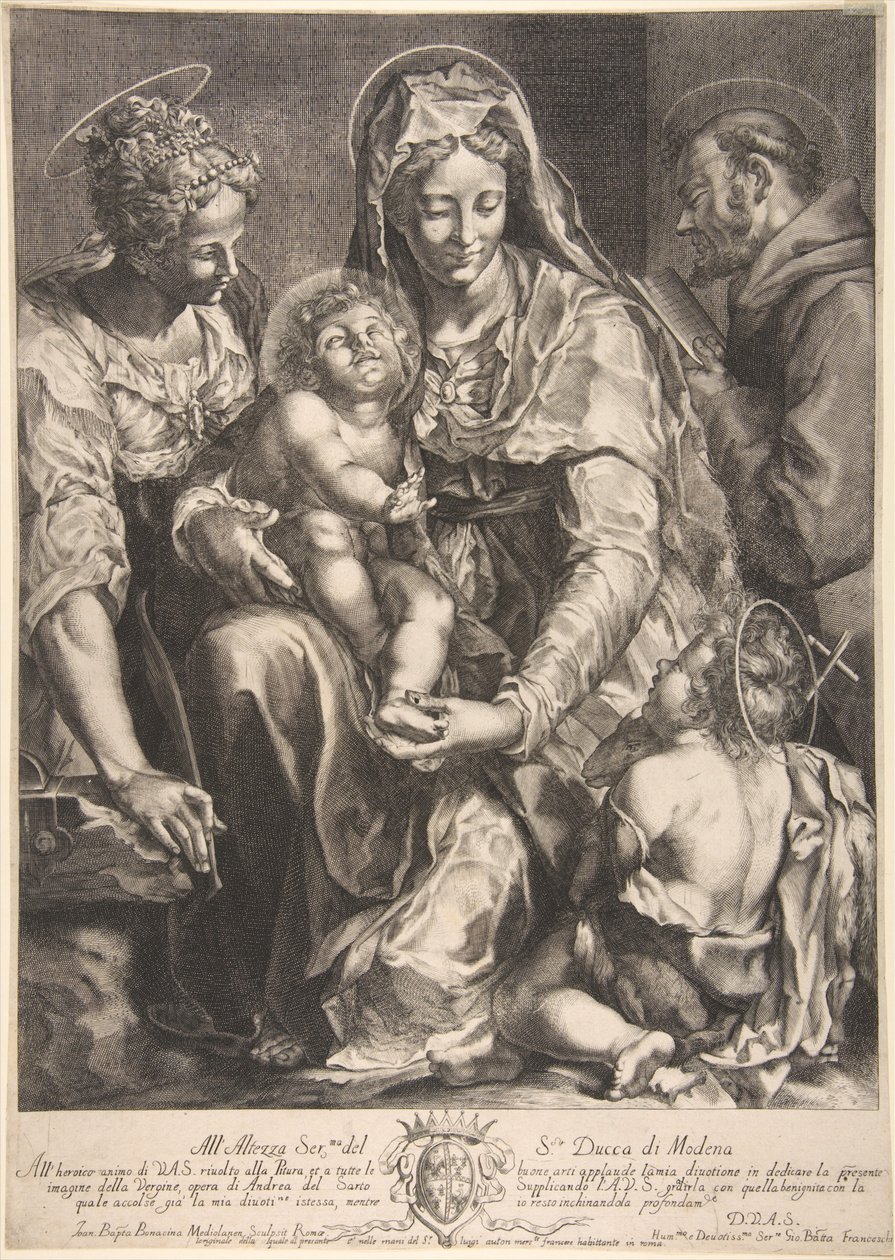 Aziz Catherine, Assisi Francis ve Vaftizci Yahya ile Bakire ve Çocuk, 17. yüzyılın ortalarında. by Giovanni Battista Bonacina