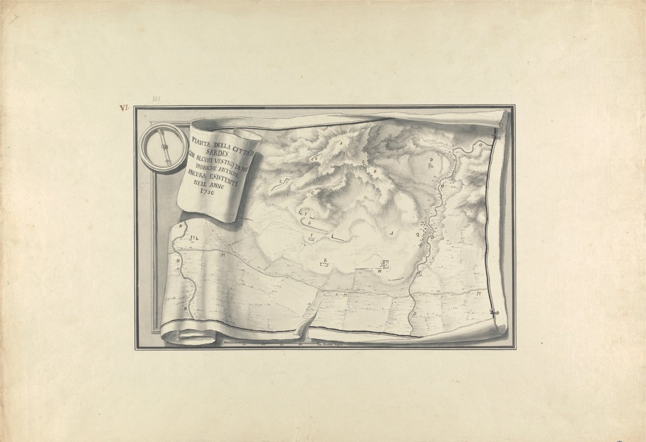 1750'de Hala Var Olan Eski Binaların İzleriyle Sardeis Harabelerinin Planı by Giovanni Battista Borra